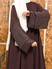 Aurah Basic - Walnut Brown Striped Sleeve Abaya