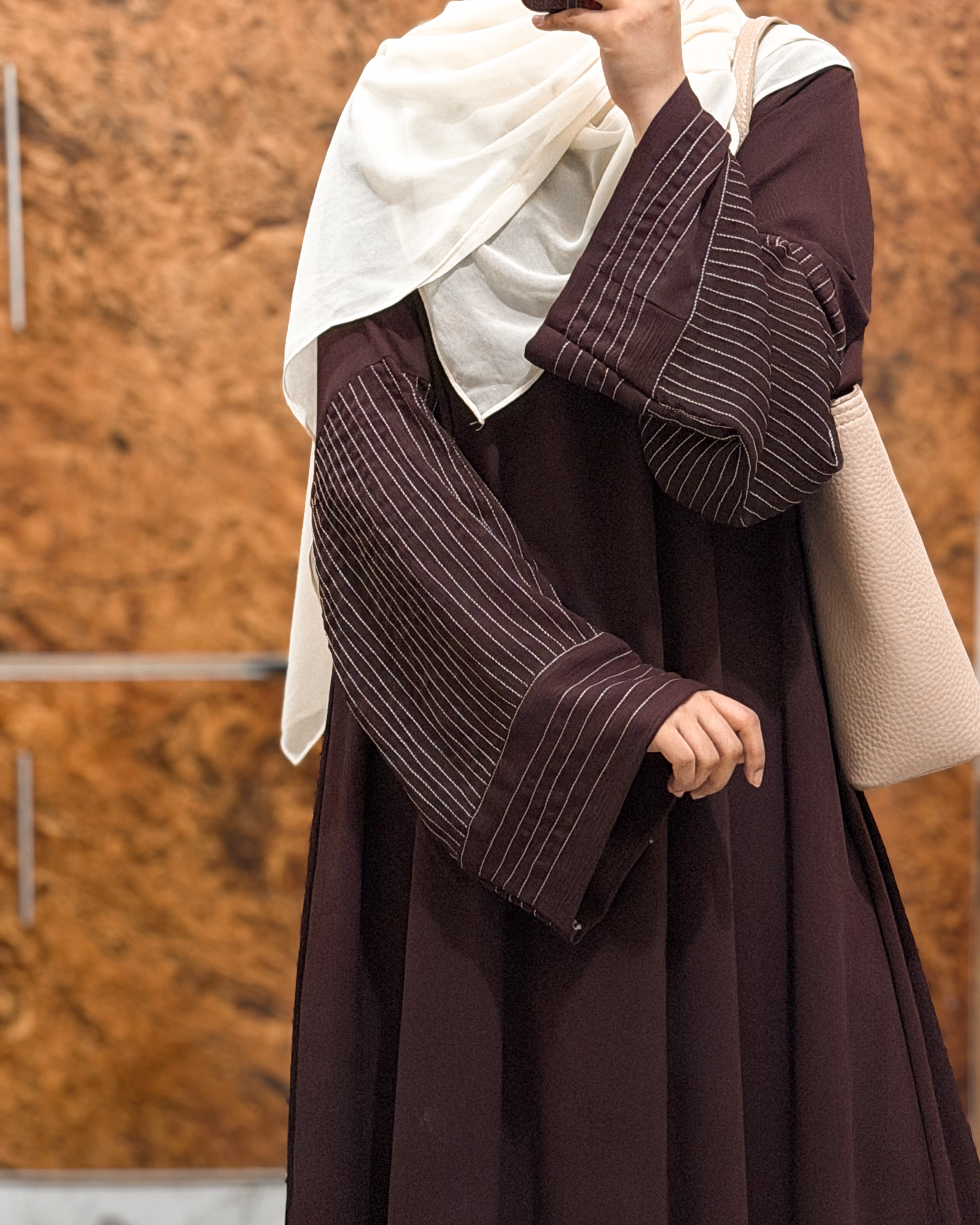 Aurah Basic - Walnut Brown Striped Sleeve Abaya