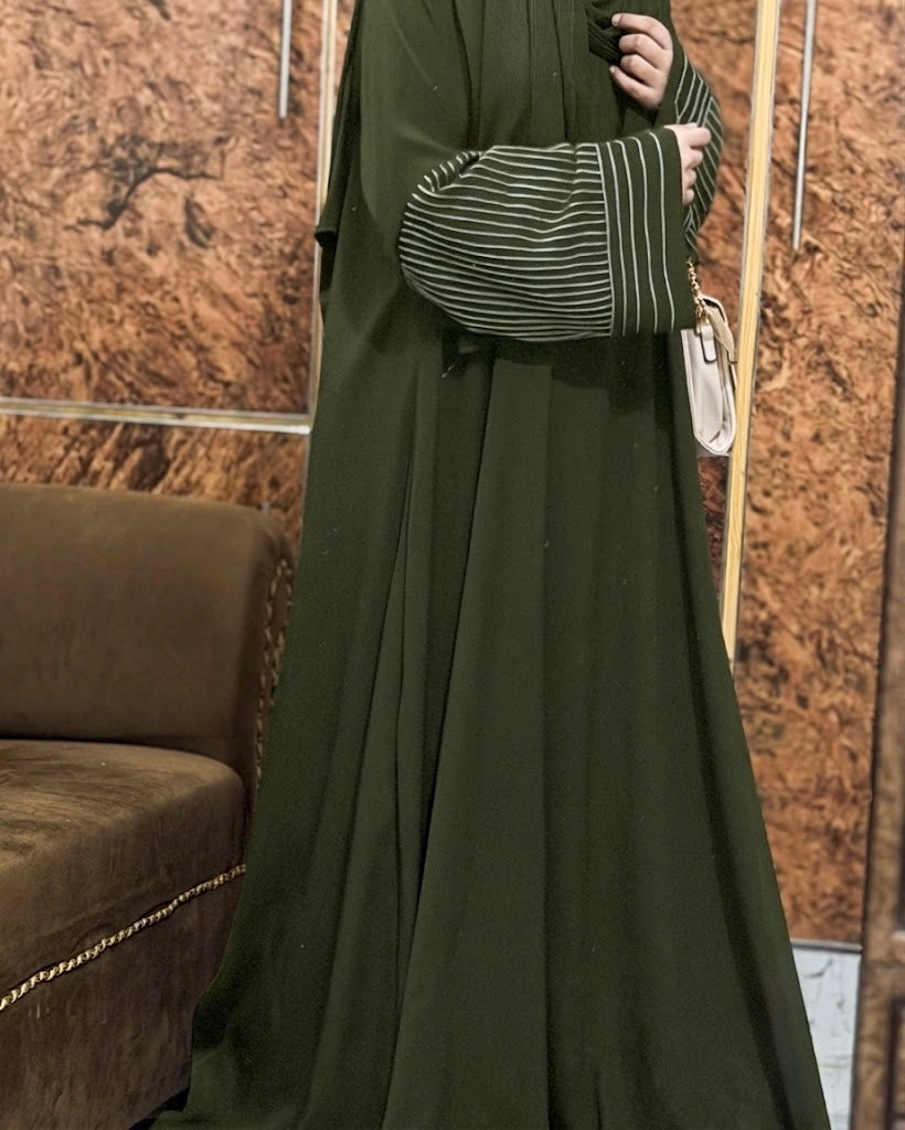 Aurah Basic - Olive Striped Sleeve Abaya