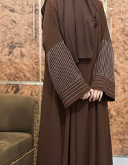 Aurah Basic - Walnut Brown Striped Sleeve Abaya