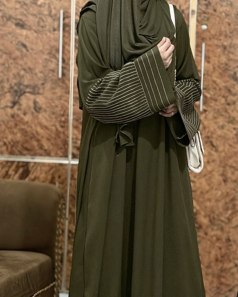 Aurah Basic - Olive Striped Sleeve Abaya