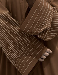 Aurah Basic - Walnut Brown Striped Sleeve Abaya