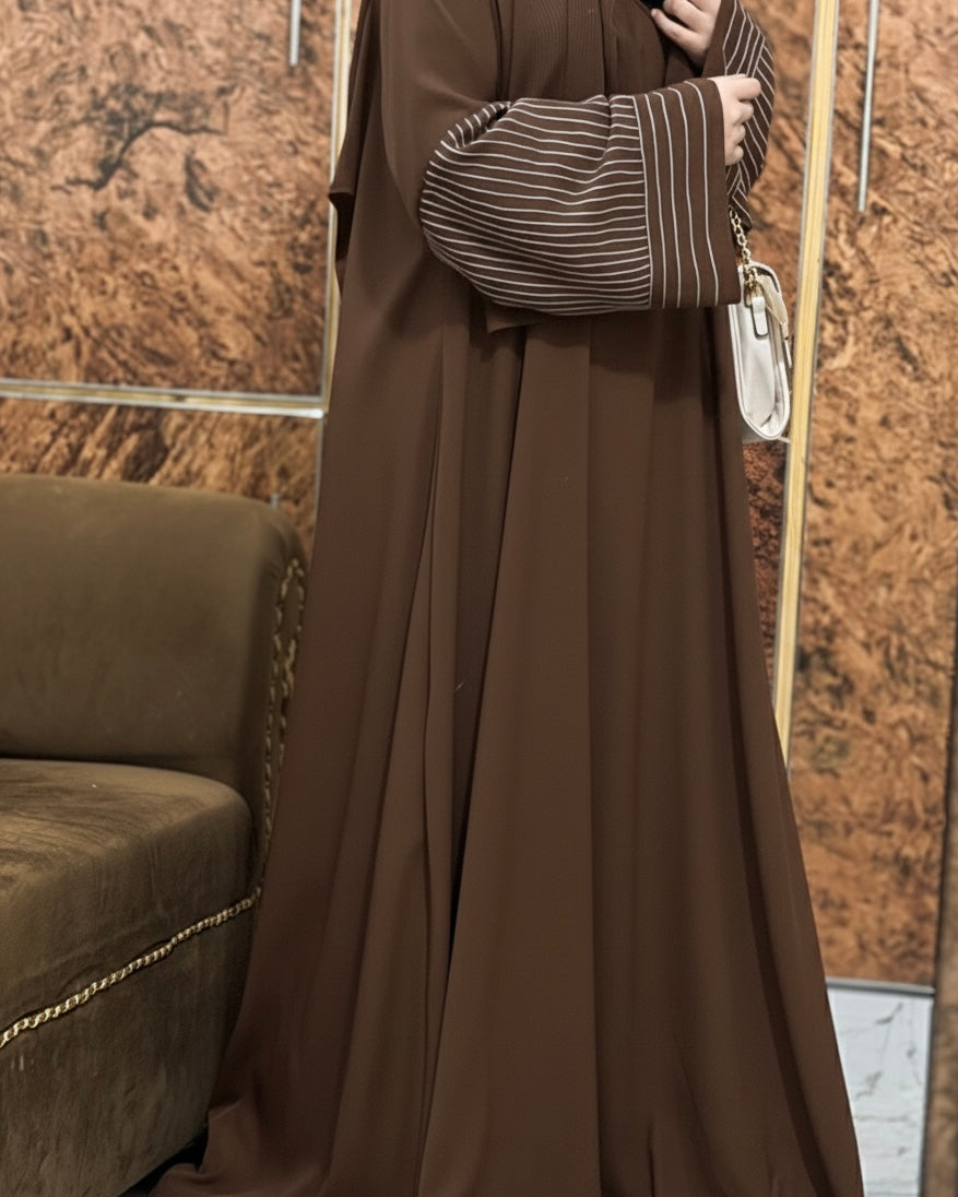 Aurah Basic - Walnut Brown Striped Sleeve Abaya