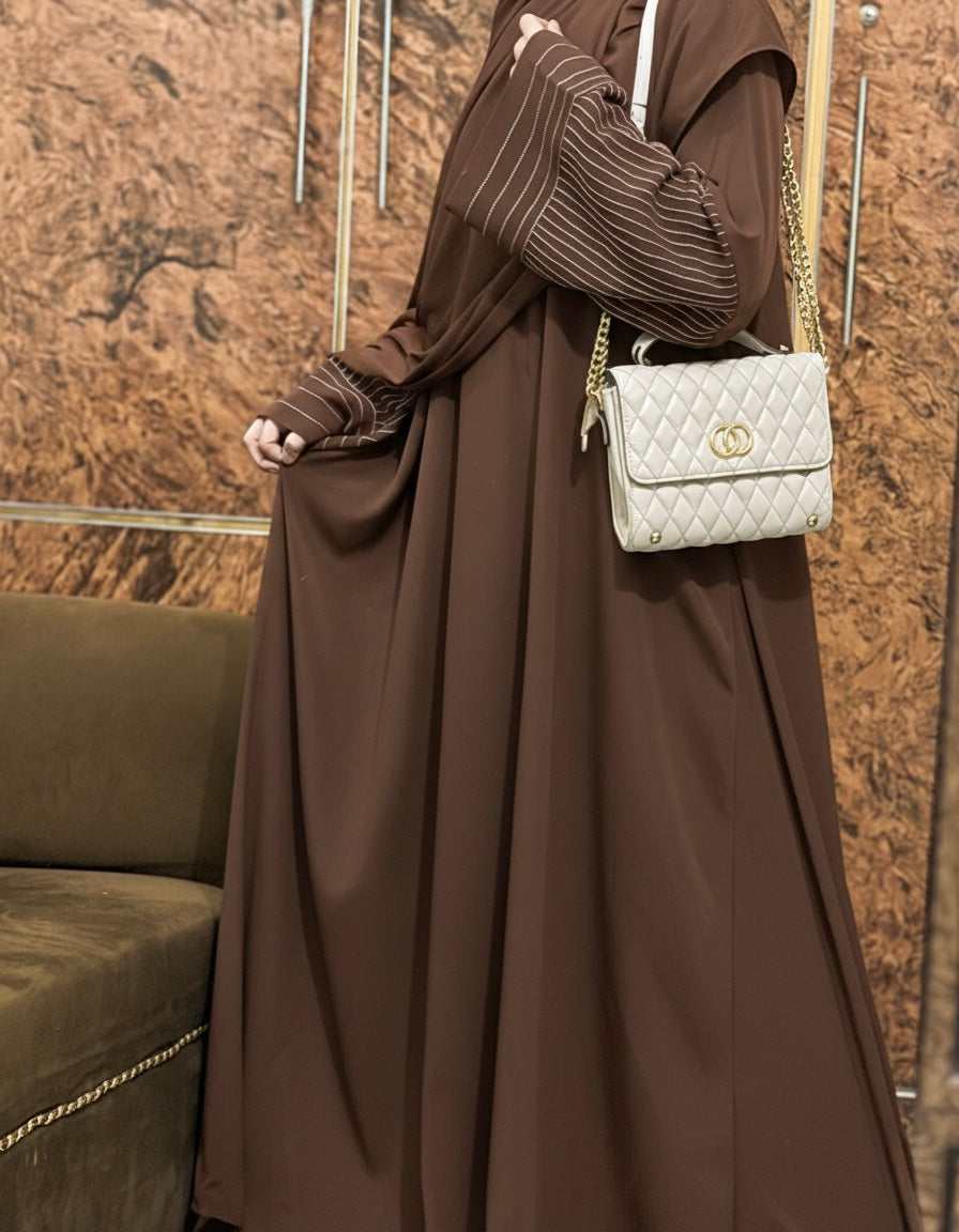 Aurah Basic - Walnut Brown Striped Sleeve Abaya