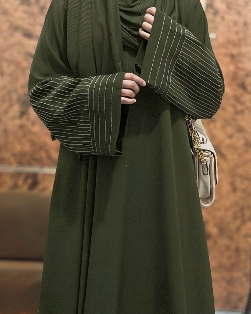 Aurah Basic - Olive Striped Sleeve Abaya