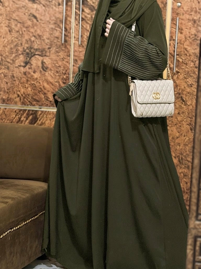 Aurah Basic - Olive Striped Sleeve Abaya