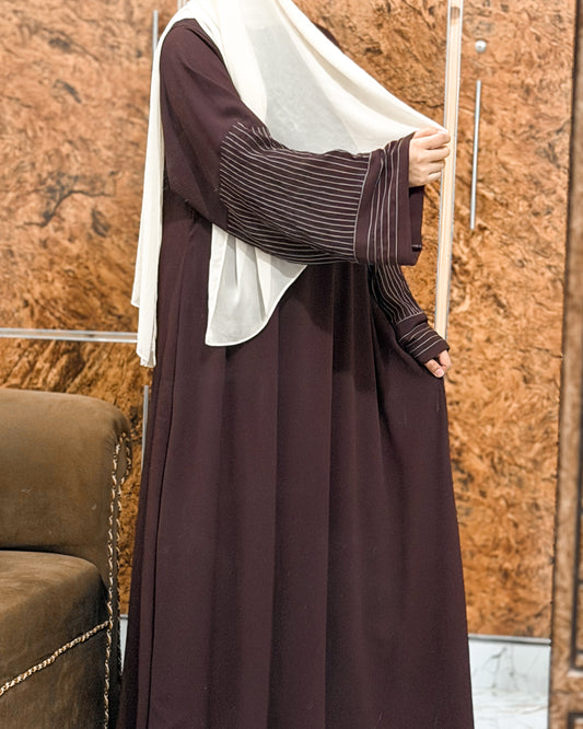 Aurah Basic - Walnut Brown Striped Sleeve Abaya